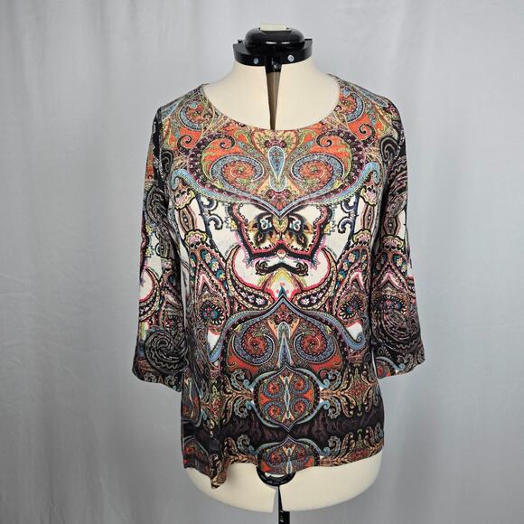 Unity World Wear Blouse Women's L Paisley Multi-Color Third Quarter Sleeve - Picture 1 of 16